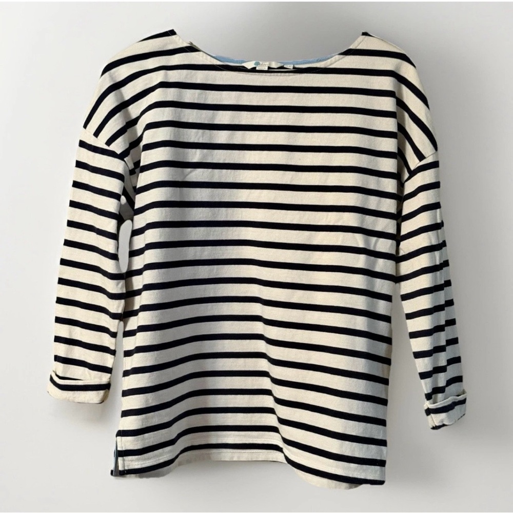 Boden navy blue and cream striped 3/4 sleeve cotton blouse shirt